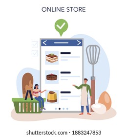 Tiramisu dessert online service or platform. People cooking delicious italian cake. Sweet slice of restaurant bakery. Online store. Isolated vector illustration