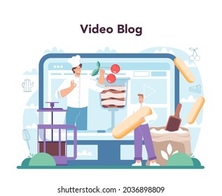 Tiramisu dessert online service or platform. People cooking delicious italian cake. Sweet slice of restaurant bakery. Video blog. Flat vector illustration