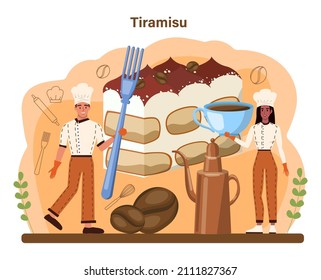 Tiramisu dessert. People cooking delicious italian cake. Sweet slice of restaurant bakery with sweet mascarpone cheese, cocoa and biscuit. Flat vector illustration