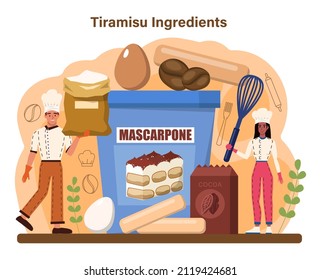 Tiramisu dessert. People cooking delicious italian cake. Sweet slice of restaurant bakery with sweet mascarpone cheese, cocoa and biscuit. Flat vector illustration