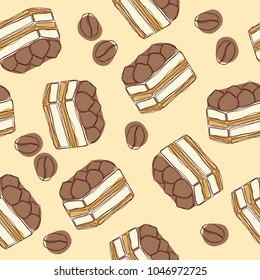 Tiramisu hand draw seamless pattern. Tiramisu - Classical dessert with mascarpone and coffee