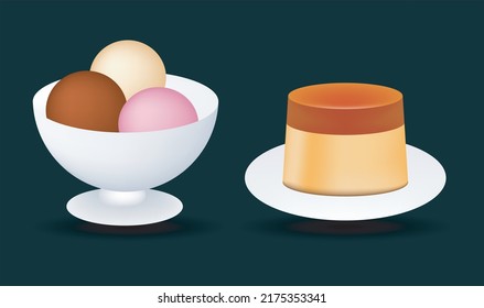 Tiramisu and ice-cream balls vector emoji  illustration isolated on dark background. 3d illustration.
