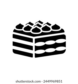 Tiramisu icon, black silhouette isolated on white. Square piece of multilayer cake decorated with cream. Vector stencil clipart, minimalist design sign or logo of bakery and italian dessert.