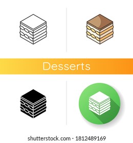 Tiramisu icon. Coffee flavoured dessert. Cake with cream cheese and cocoa. Traditional Italian cuisine. European sweets. Linear black and RGB color styles. Isolated vector illustrations