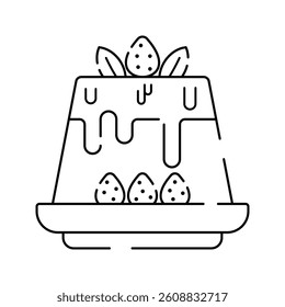 Tiramisu Icon Outline Style, layered dessert with strawberries, ideal for bakery branding and food illustrations.
