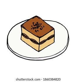 Tiramisu italian traditional food. Hand drawn sketch style. Vector colorful illustration isolated on white background for restaurant menu and package design, poster, web.