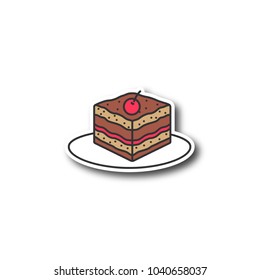 Tiramisu patch. Cake with cherry. Color sticker. Vector isolated illustration