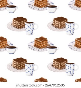 Tiramisu slice and espresso seamless vector pattern. Cartoon sweet food illustration for cafe menus, Italian bakery visuals, paper packaging, wrapping design, fabric and textile