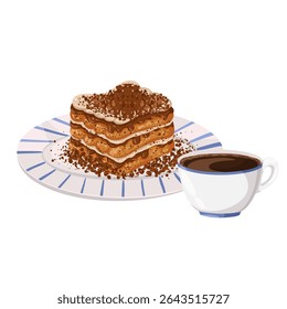 Tiramisu slice served on a plate next to cappuccino cup. Hand drawn vector classic Italian dessert composition for cafe graphics, menu, sweet branding, recipe, product design, stickers, print