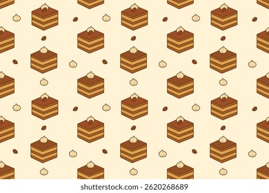 Tiramisu Sliced Cake Seamless Repeat Pattern with Coffee Beans and Cream