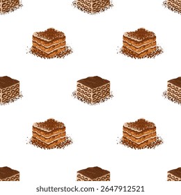 Tiramisu slices seamless vector pattern. Classic dessert hand drawing for bakery visuals, restaurant menus, textile prints, gourmet product packaging and wrapping paper designs