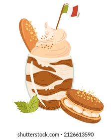 Tiramisu. Sweet Italian cake in a glass with cookies and mint. Perfect dessert for restaurant menu posters and prints. Vector cartoon illustration, isolated element.