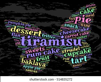 Tiramisu. Word cloud, butterfly, grunge background.  Food concept.