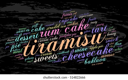 Tiramisu. Word cloud, grunge background. Food concept.