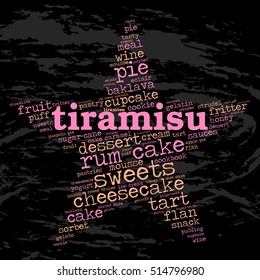 Tiramisu. Word cloud, star, grunge background. Food for celebrities.