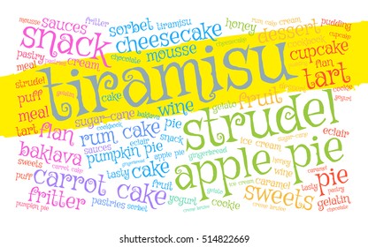 Tiramisu. Word cloud, yellow stripe white background. Food concept.