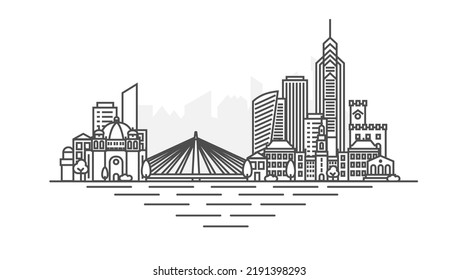 Tirana, Albania architecture line skyline illustration. Linear vector cityscape with famous landmarks, city sights, design icons. Landscape with editable strokes.