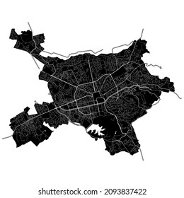 Tirana, Albania, high resolution vector map with city boundaries, and editable paths. The city map was drawn with white areas and lines for main roads, side roads and watercourses on black background