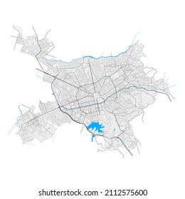 Tirana, Albania high resolution vector map with city boundaries and editable paths. White outlines for main roads. Many detailed paths. Blue shapes and lines for water.