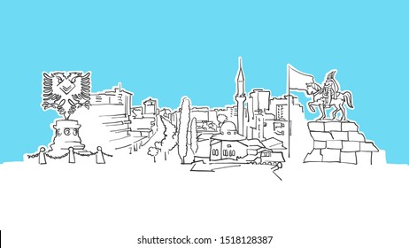 Tirana Albania Lineart Vector Sketch. and Drawn Illustration on blue background.