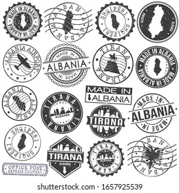 Tirana, Albania Set of Stamp. Vector Art Postal Passport Travel Design. Travel and Business Seals.
