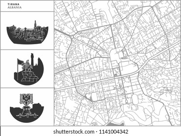 Tirana city map with hand-drawn architecture icons. All drawigns, map and background separated for easy color change. Easy repositioning in vector version.