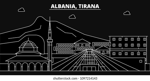 Tirana silhouette skyline. Albania - Tirana vector city, albanian linear architecture, buildings. Tirana travel illustration, outline landmarks. Albania flat icons, albanian line banner