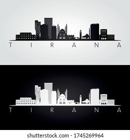 Tirana skyline and landmarks silhouette, black and white design, vector illustration.  