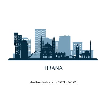 Tirana skyline, monochrome silhouette. Vector illustration.