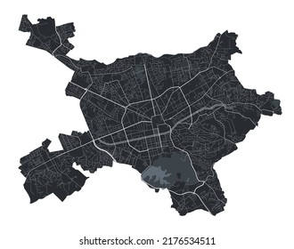 Tirana vector map. Detailed vector map of Tirana city administrative area. Cityscape poster metropolitan aria view. Black land with white streets, roads and avenues. White background.