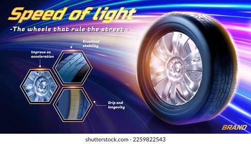 Tire ad banner. 3D realistic tire and its close up in hexagon frame on light effect background. Demonstration the concept of speed.