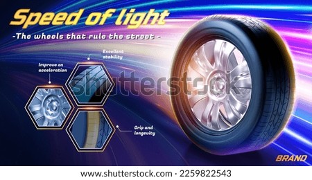 Tire ad banner. 3D realistic tire and its close up in hexagon frame on light effect background. Demonstration the concept of speed.