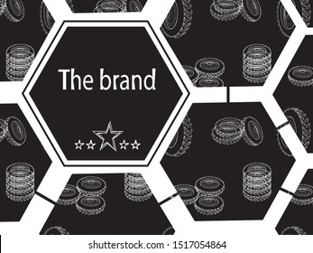 Tire or auto wheel on a black background with copy space for design. Outline vector stock illustration with tires and place for text or logo for tire fitting. Geometric shapes and 5 stars service.