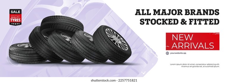 Tire banner. All major brands
stocked  fitted. Car wheels set. New tires pile isolated on white. Wheel car, Car tire, Aluminum wheels isolated on white background. Group of tires. Tyre heap.