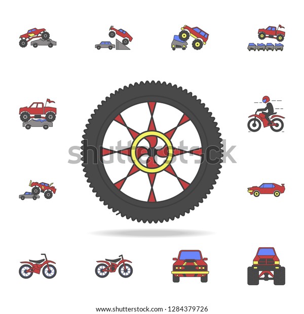 tire of bigfoot car\
field coloricon. Detailed set of color big foot car icons. Premium\
graphic design. One of the collection icons for websites, web\
design, mobile app