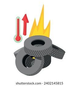 Tire burning icon isometric vector. Burning worn car tire and red thermometer. Environmental pollution concept