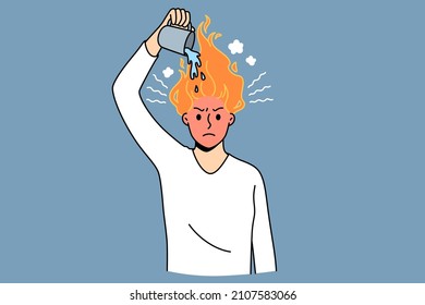 Tire burnout and overwork concept. Young stressed man worker standing and watering burning flame in head feeling over worked vector illustration 