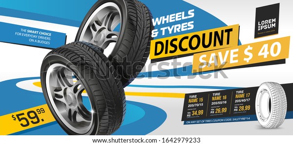 Tire car advertisement discount. Black rubber\
tire. Realistic vector shining disk car wheel tyre. Information.\
Store. Action.Landscape poster, digital banner, flyer, booklet,\
brochure and web design.