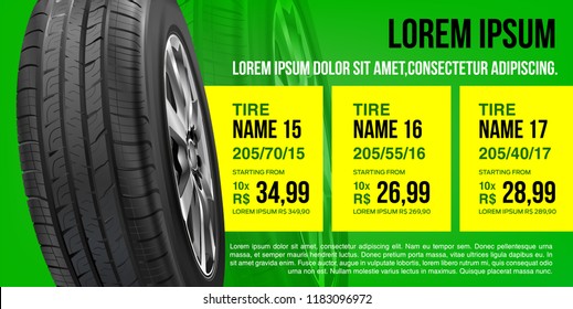 Tire car advertisement discount poster. Mock-up. 3D illustration of car tire. Wheel. Black rubber tire. Realistic vector wheel. Banner. Promo. Information. Store. Sale.
