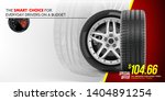 Tire car advertisement poster. 3D illustration of car tire. Wheel. Black rubber tire. Realistic vector shining disk car wheel tyre. Aluminum wheel. Banner. Promo. Information. Store. Banner. Action.