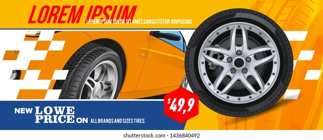 Tire car advertisement poster. Black rubber tyre. Realistic vector. Information. Store. Action.Landscape poster, digital banner, flyer, booklet, brochure and web design. Yellow. Sale.