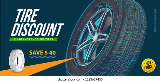 Tire car advertisement poster. Black friday. Realistic vector shining disk car wheel tyre. Information. Store. Action.Landscape poster, digital banner, flyer, booklet, brochure and web design. Sport.