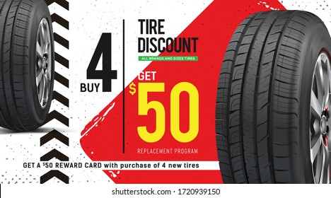 Tire car advertisement poster. Black rubber tire. Realistic vector shining disk car wheel tyre. Information. Store. Tyre tread. Track part.