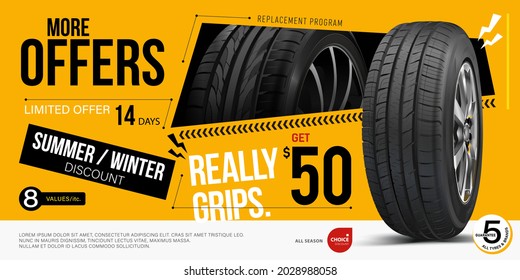 Tire car advertisement poster. Black rubber tire. Realistic vector shining disk car wheel tyre. Information. Store. Action. Web interface. Landscape banner. Tyre shop, spare parts and auto service.