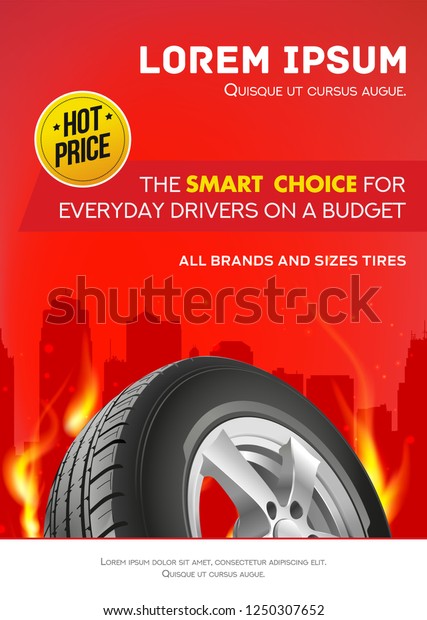 Tire\
car advertisement poster. Black rubber tire. Realistic vector.\
Information. Store. Action. Poster, digital, flyer, booklet,\
brochure and web design. Red. Sale. Business\
banner.