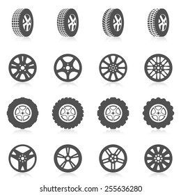 Tire car auto montage service black silhouette icons set isolated vector illustration