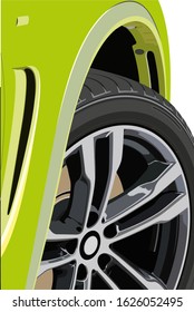 Tire car background. Big round shape tire. Close-up wheel in a car bodyю Closeup detail view. Tyre car advertisement poster. Digital banner, flyer, booklet, brochure. Design. Sale.