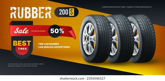 Tire car banner. Tyre change. Automotive repair. Rubber wheel ad poster design. Sale in auto service. Vehicle garage promotion. Transport workshop. Vector exact advertising background