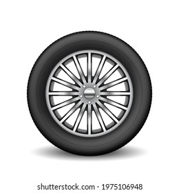 Tire car element isolated on white background. Realistic wheel rim, spare rubber tyre for safe driving and protection. 3d vector illustration