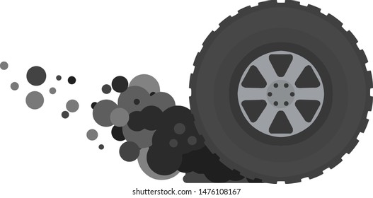 Tire Of Car. Gray Smoke From Wheel. Speed And Racing. Cartoon Flat Illustration